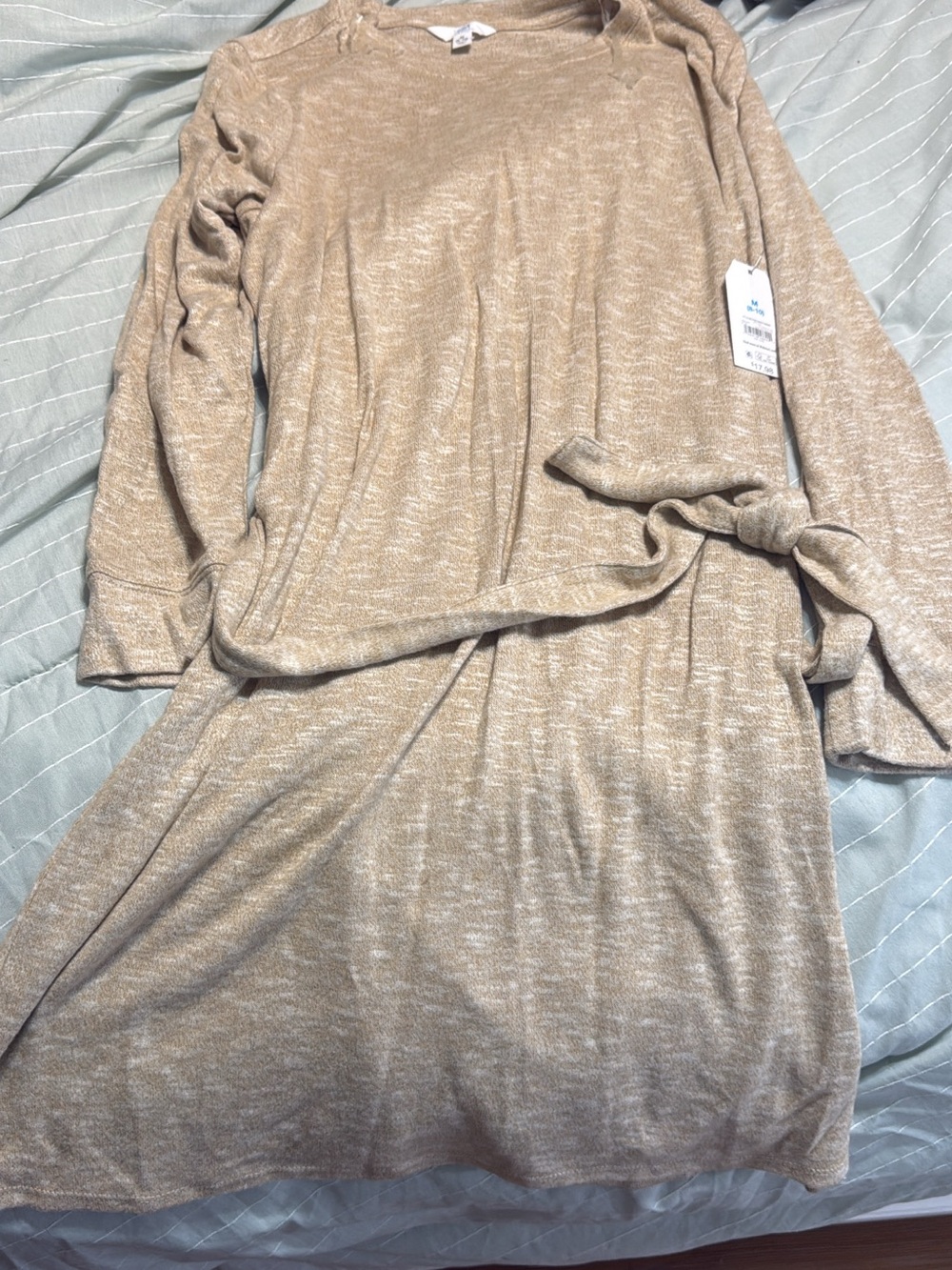Time and Tru Long Sleeve Tie-Waist Knit Dress - Tan